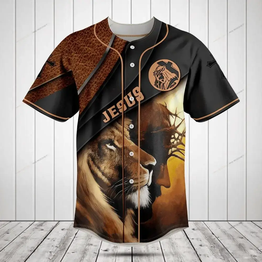 Limited Edition Lion & Jesus Graphic Baseball Jersey - Unique Faith Apparel Image