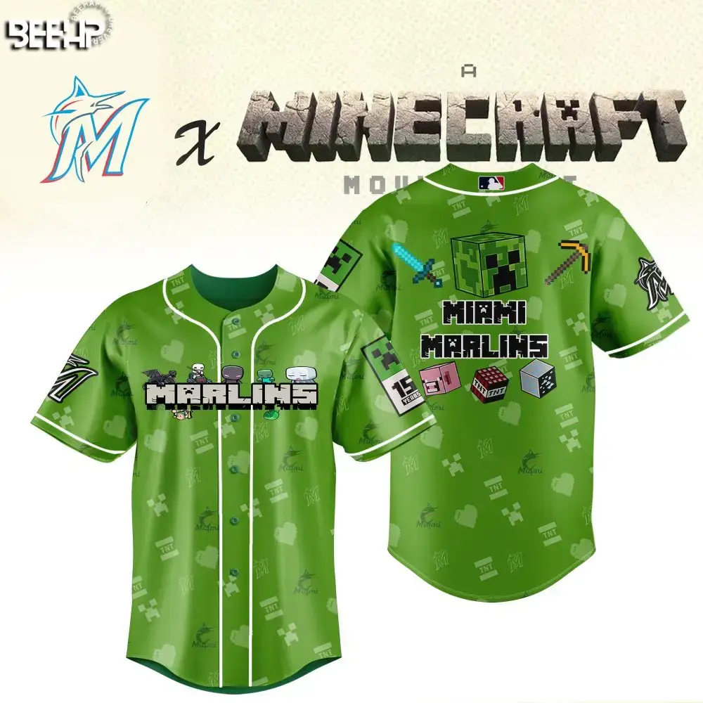 Limited Edition Miami Marlins X Minecraft Green Jersey - Perfect For Gamers & Fans! Image