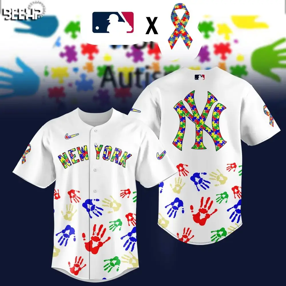 Limited Edition New York Baseball Jersey - Autism Awareness Design - Vibrant Puzzle Print Image