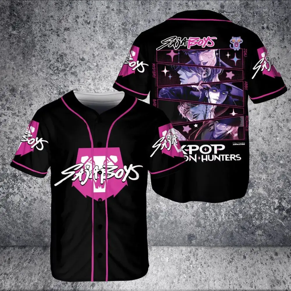 Limited Edition Sajin Boys Anime Baseball Jersey – Stylish Black & Pink K-Pop Design Image