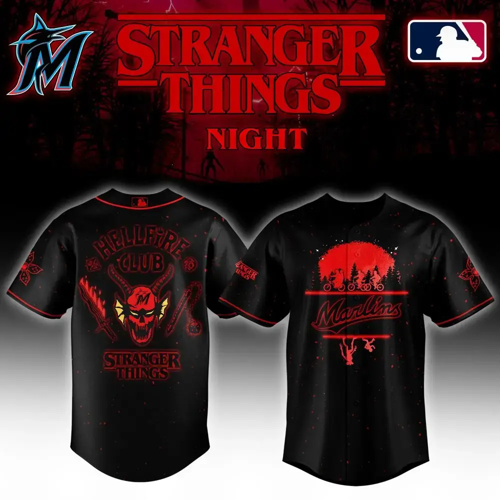 Limited Edition Stranger Things Night Baseball Jersey - Marlins Hellfire Club Design Image