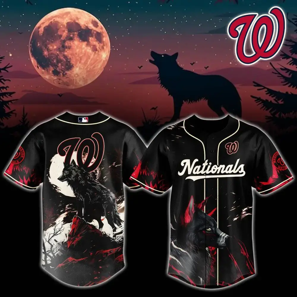 Limited Edition Wolf & Moon Nationals Baseball Jersey - Bold Design, Perfect Gift! Image