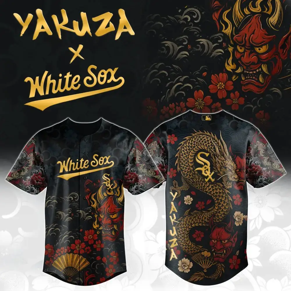Limited Edition Yakuza X White Sox Samurai Dragon Jersey – Bold Japanese Tattoo Design Image