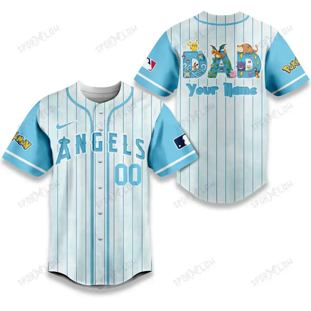 Los Angeles Angels X Pokemon Dad Pastel Blue Baseball Jersey Image
