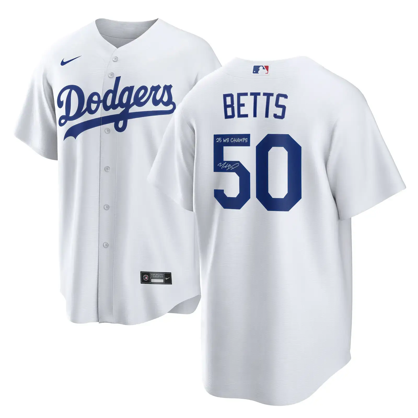 Los Angeles Dodgers Betts Autographed 2025 World Series Champions White Jersey with "25 WS Champs" Image