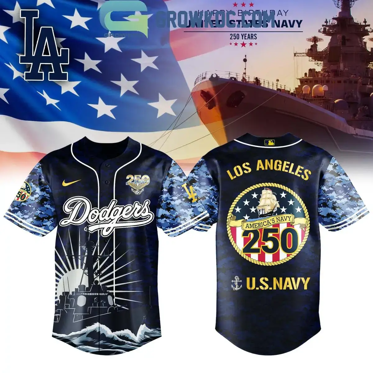 Los Angeles Dodgers Celebration Happy Birthday US Navy 250 Years 2025 Jersey Image