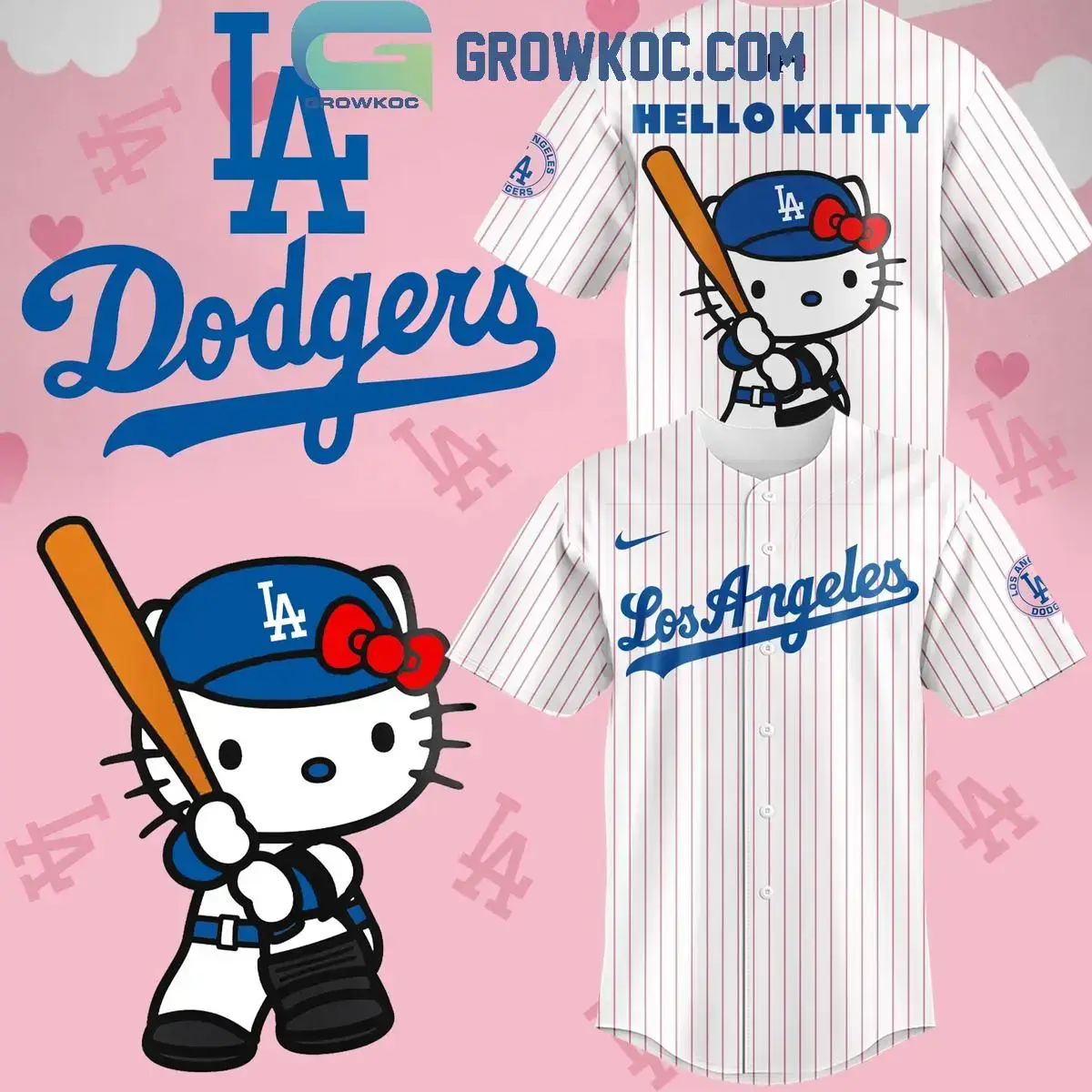 Los Angeles Dodgers Hello Kitty 50th Anniversary Celebrating Personalized Baseball Jersey Image
