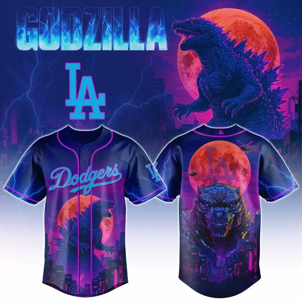 Los Angeles Dodgers Mlb X Godzilla Neon City Custom Baseball Jersey Image