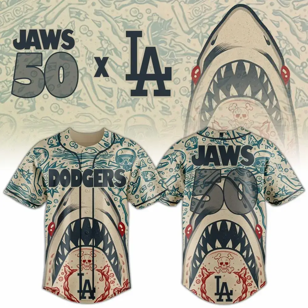 Los Angeles Dodgers Mlb X Jaws 50Th Anniversary Custom Baseball Jersey Image
