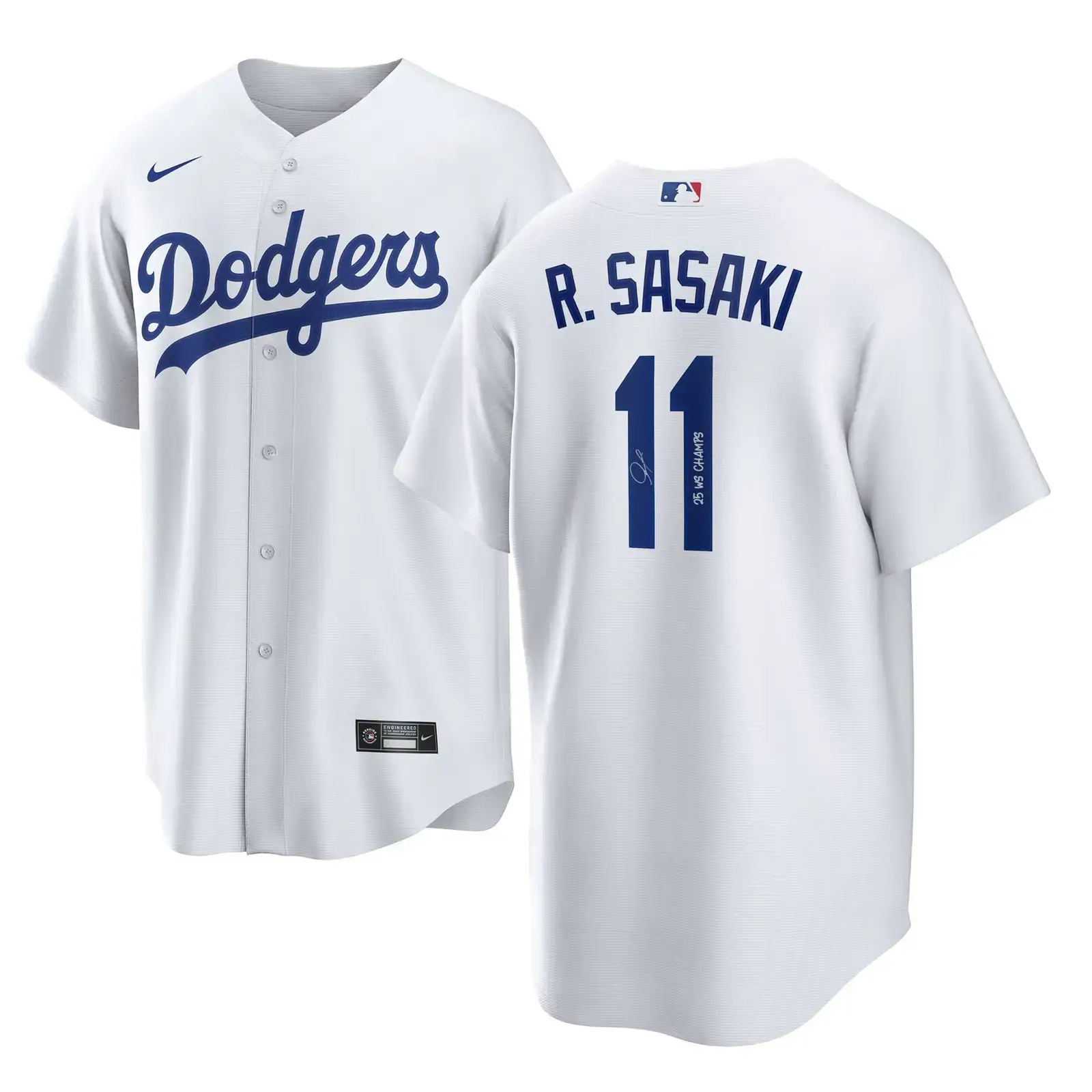 Los Angeles Dodgers Sasaki Autographed 2025 World Series Champions White Jersey with "25 WS Champs" Image