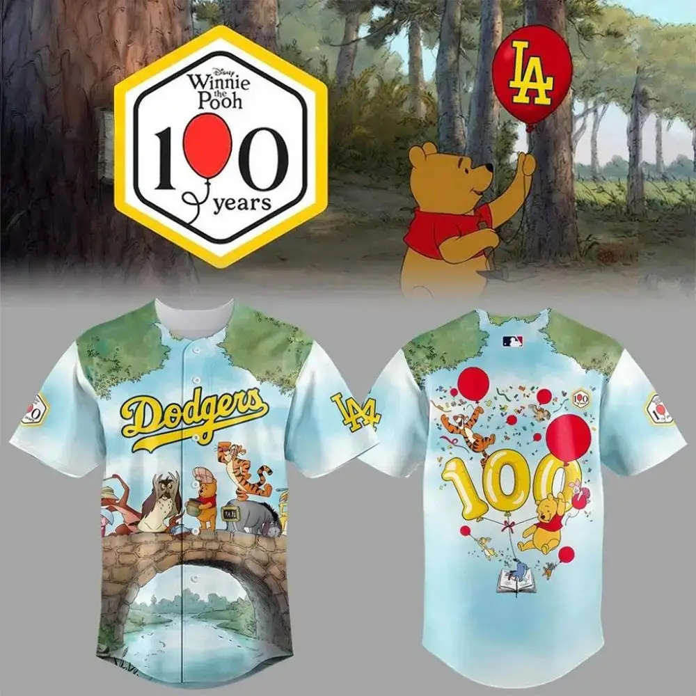 Los Angeles Dodgers Winnie Pooh 100 Year Anniversary Baseball Jersey Dodgers Merch Fans Gifts Image