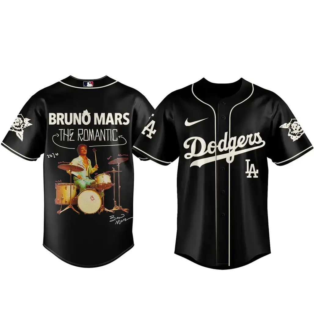 Los Angeles Dodgers x Bruno Mars The Romantic Tour 2026 Black Baseball Jersey Image