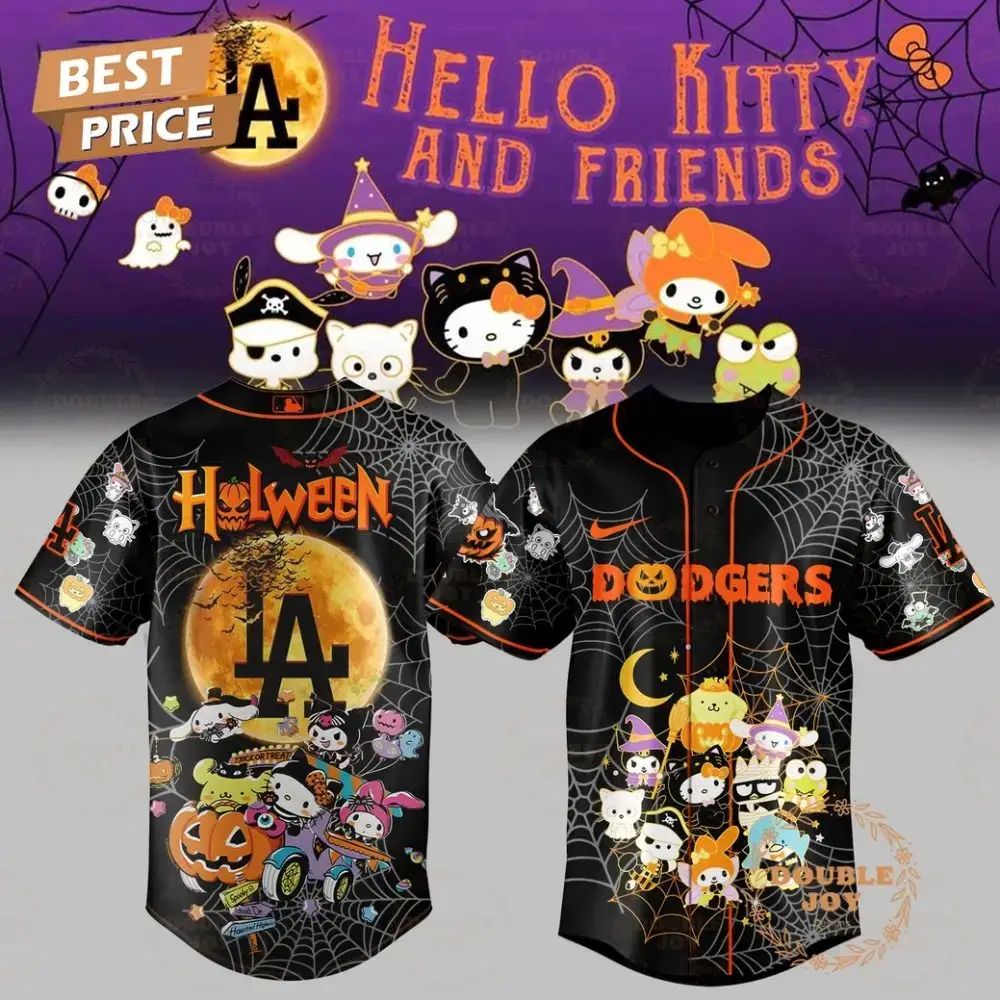 Los Angeles Dodgers X Halloween - Hello Kitty And Friend Black Baseball Jersey Image