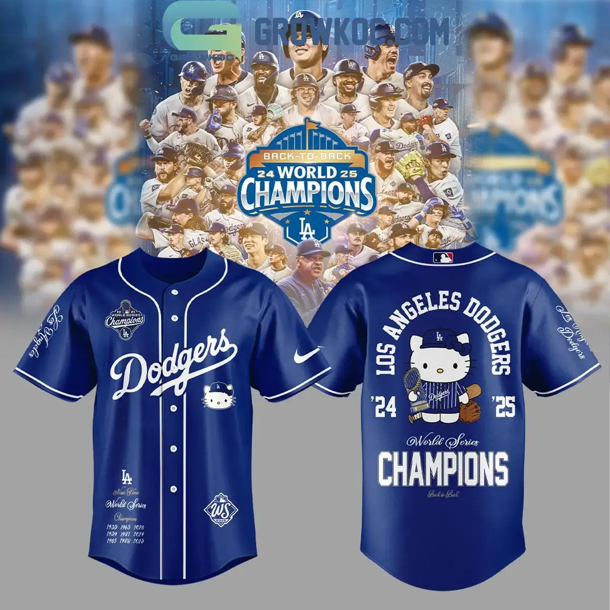 Los Angeles Dodgers x Hello Kitty 2025 World Series Champions Back 2 Back Jersey Image
