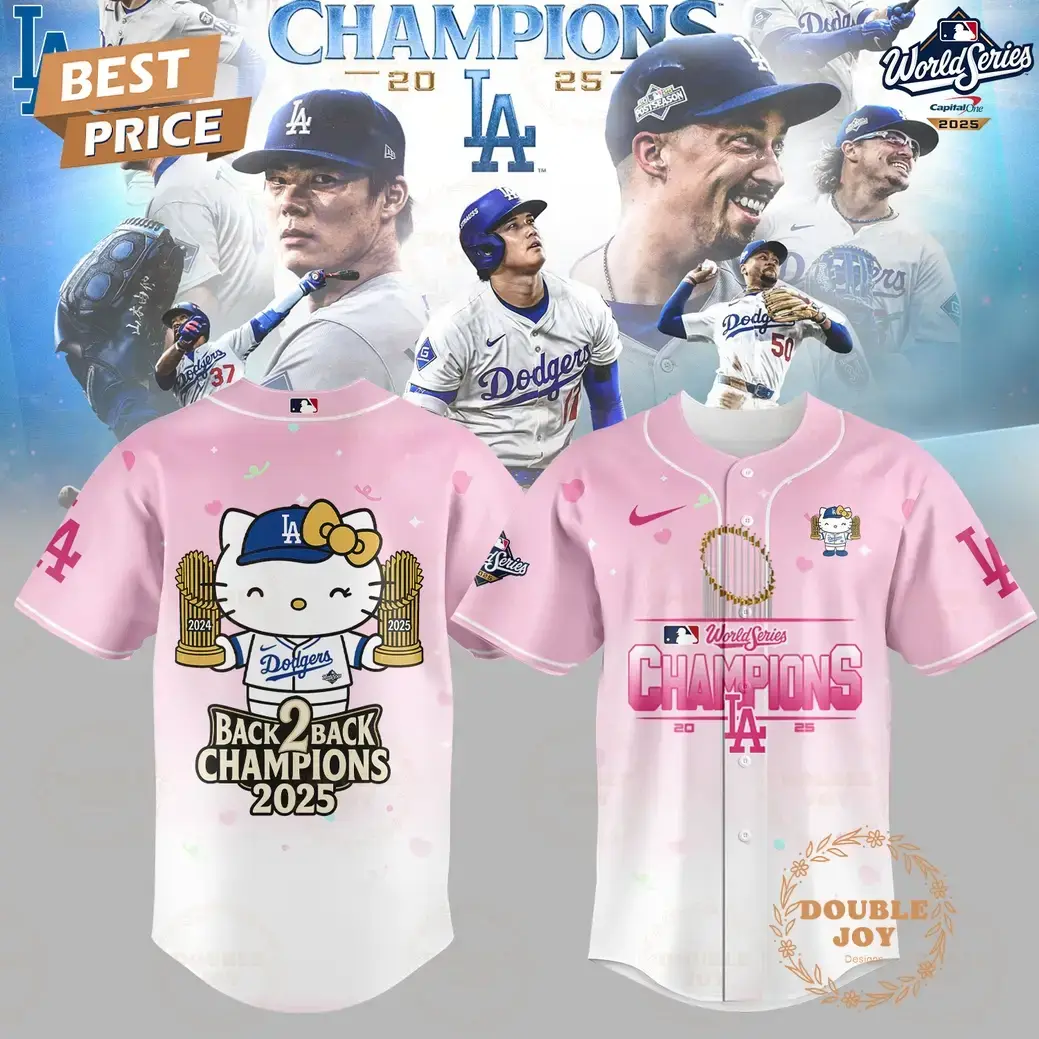 Los Angeles Dodgers x Hellokitty BACK to BACK World Series 2025 Champions Baseball Jersey Image