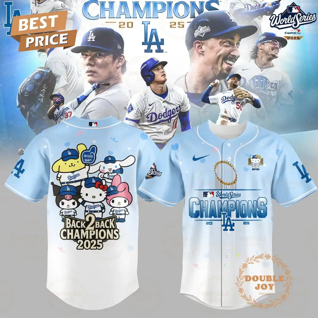 Los Angeles Dodgers x Hellokitty World Series 2025 Champions BACK to BACK Baseball Jersey Image