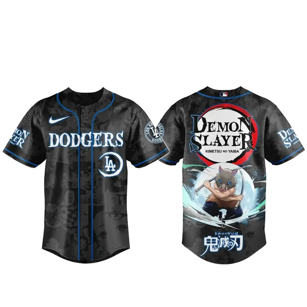 Los Angeles Dodgers x Inosuke Hashibira Demon Slayer Baseball Jersey Image