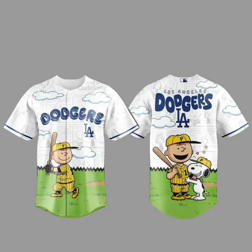 Los Angeles Dodgers x Peanuts Gang Cartoon Baseball Jersey Image