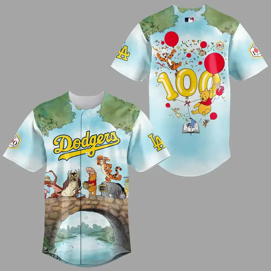 Los Angeles Dodgers x Winnie Pooh 100 Year Anniversary Baseball Jersey Image