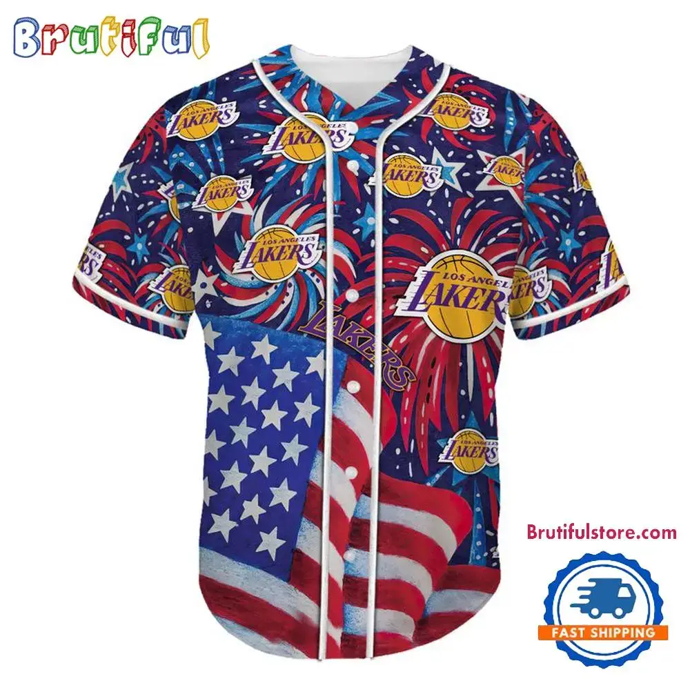 Los Angeles Lakers USA Flag Independence Day Baseball Jersey, Sport Team 4th of July Jersey Image