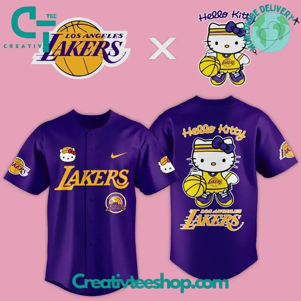 Los Angeles Lakers X Hello Kitty New Season Purple Baseball Jersey Image