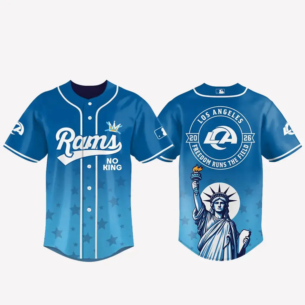 Los Angeles Rams 2026 No Kings Freedom Runs The Field Baseball Jersey Image