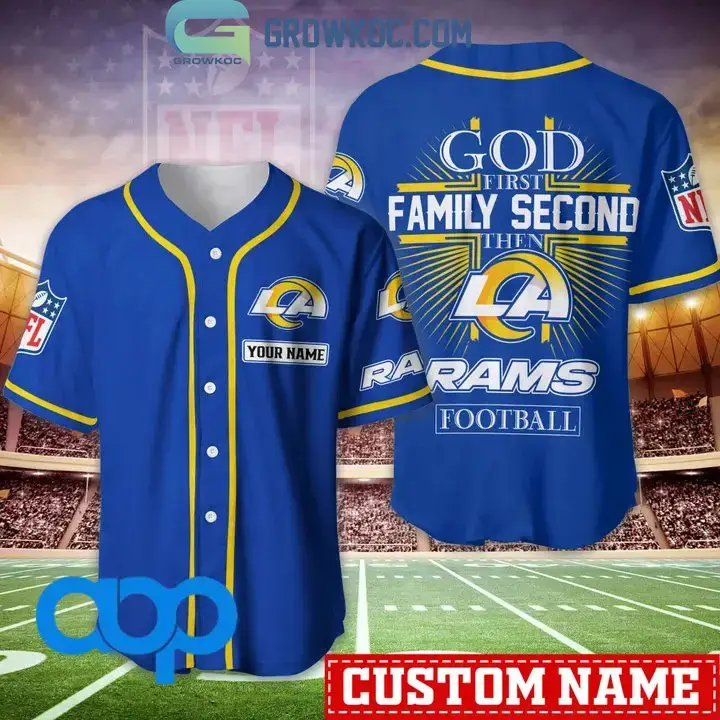Los Angeles Rams NFL Personalized God First Family Second Baseball Jersey Image