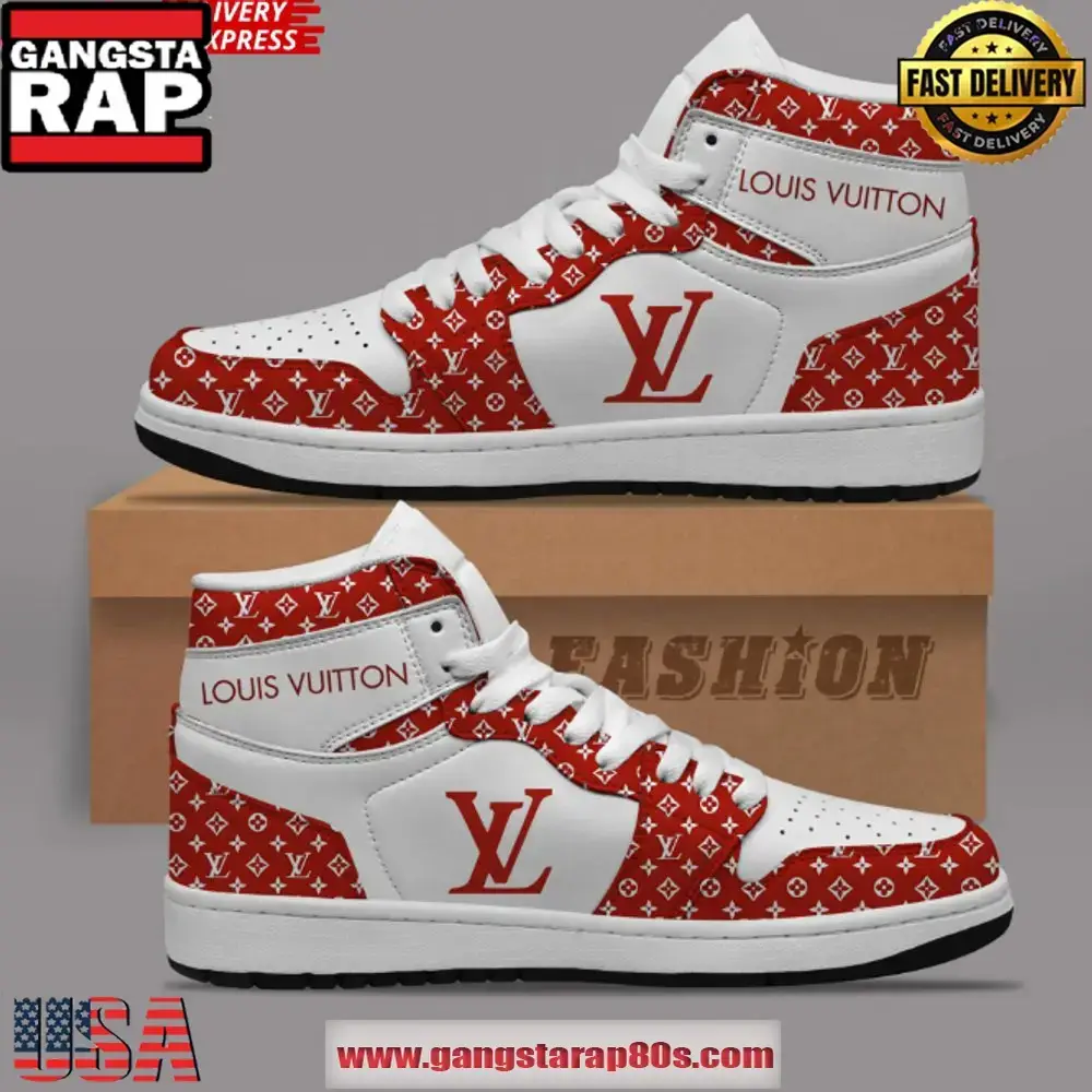 Louis Vuitton x Nike Red Air Jordan 1 Sneakers Shoes Image