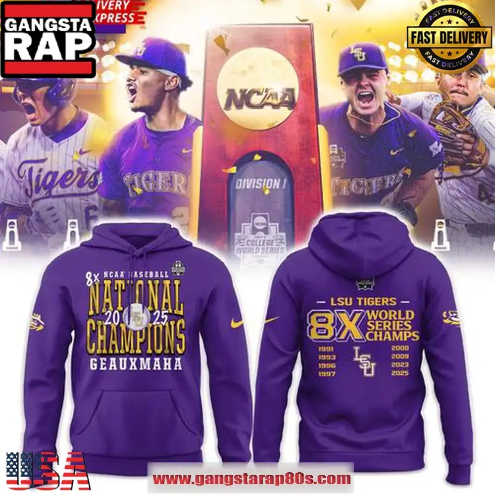LSU Tigers 2025 NCAA Baseball 8-Time National Champions Purple All Over Print Hoodie Image