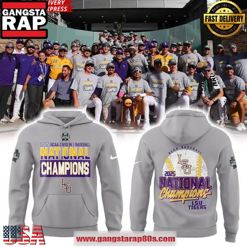 LSU Tigers 2025 NCAA Baseball National Champions Gray All Over Print Hoodie Image