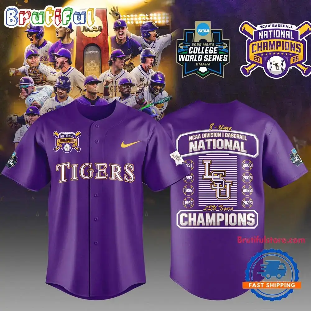 LSU Tigers 2025 NCAA National Champions 8 Time Limited Edition Baseball Jersey Image