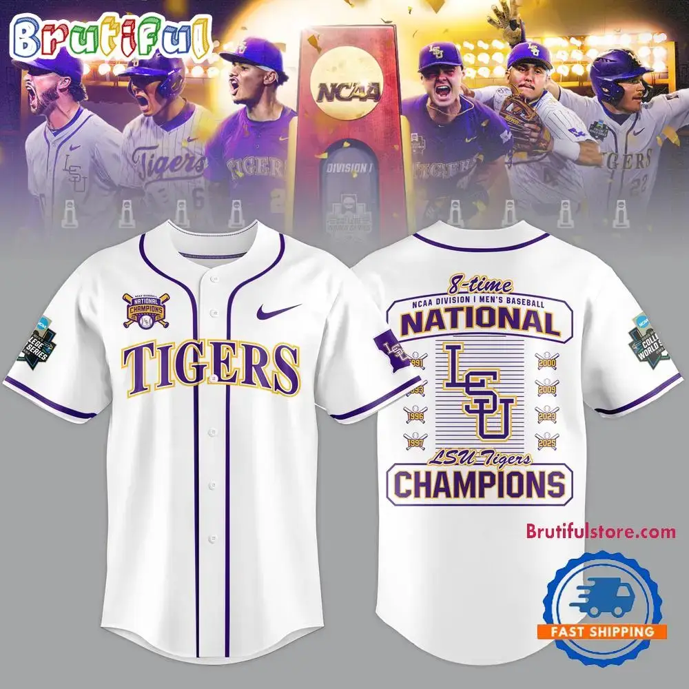Lsu Tigers 2025 Ncaa National Champions 8 Time Limited Edition White Jersey Shirt Image