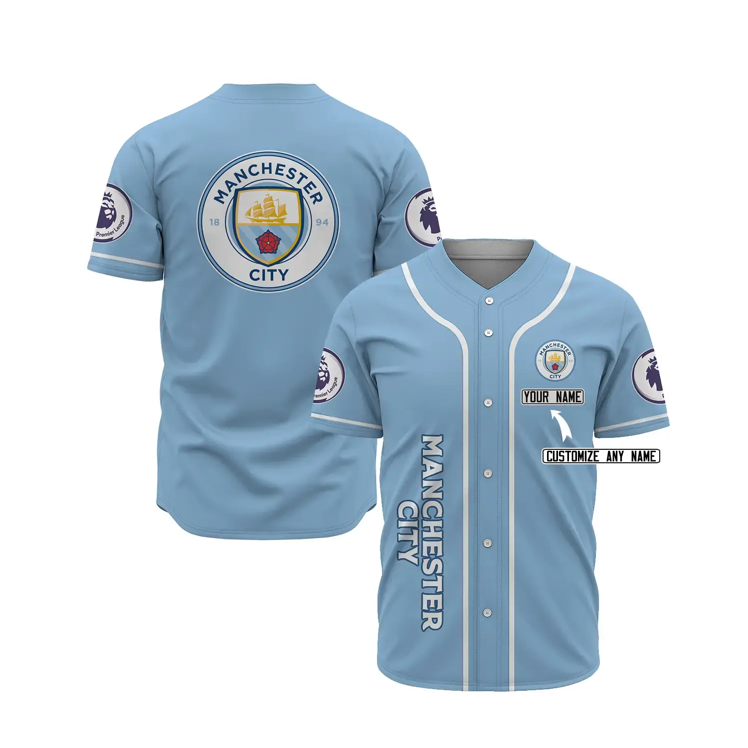 Manchester City Personalized Custom Sky Blue Baseball Jersey Image