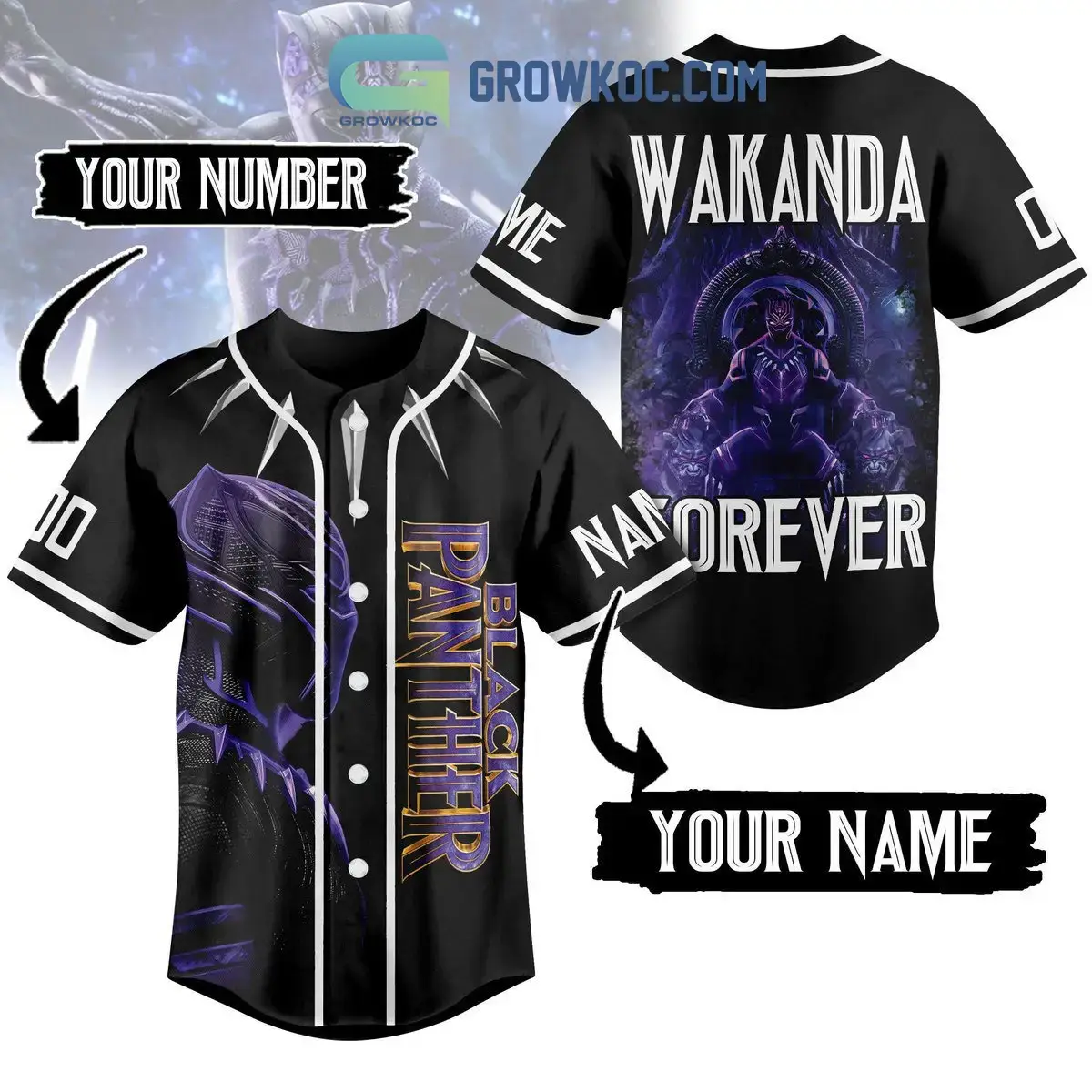 Marvel Black Panther Wakanda Forever Personalized Baseball Jersey Image