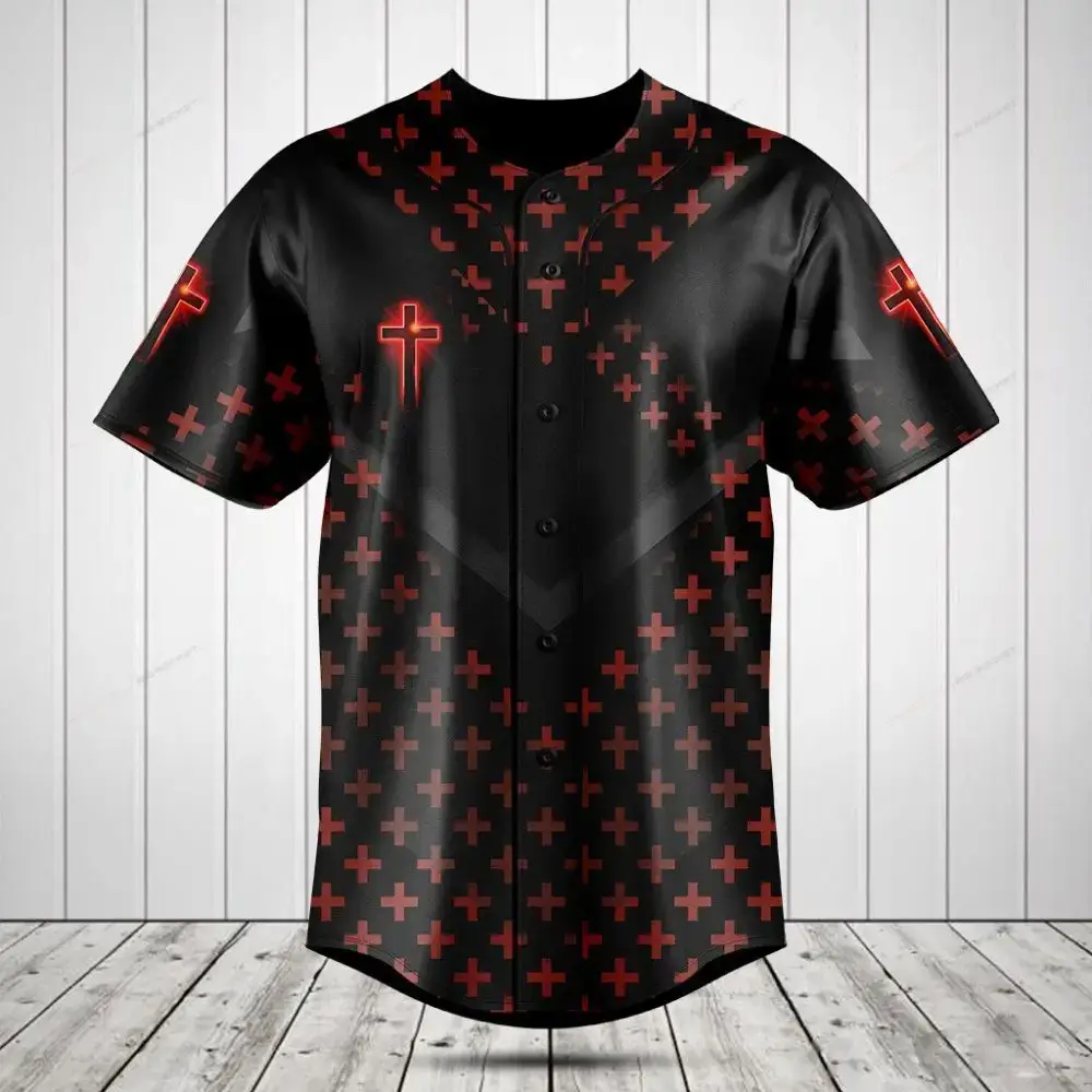 Men'S Black & Red Cross Baseball Jersey - Stylish Button-Up Sports Shirt Image