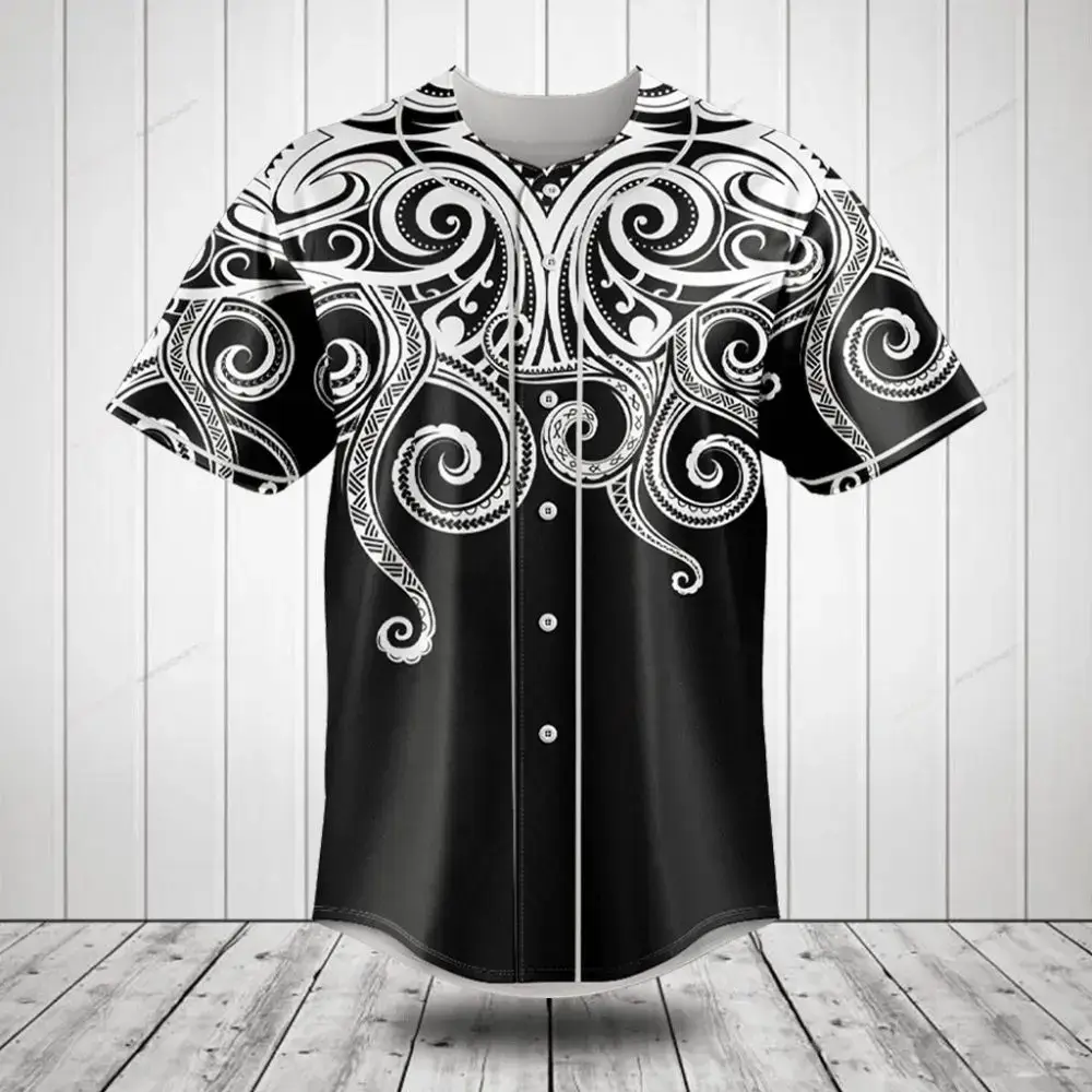 Men'S Black & White Tribal Print Button-Up Baseball Jersey - Stylish & Comfortable Image