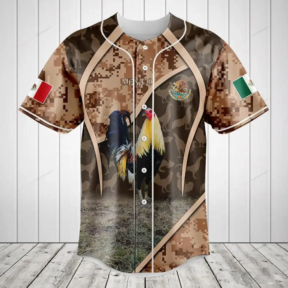 Men'S Camo Rooster Baseball Jersey - Mexican Flag Design, Breathable Sport Shirt Image