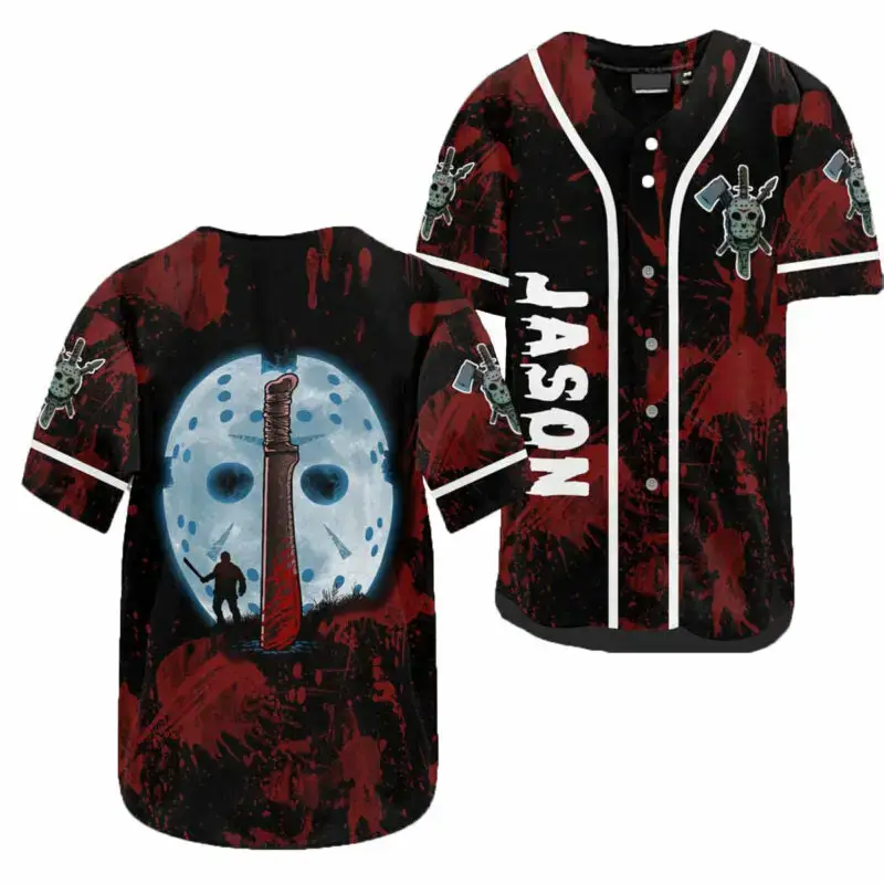 Men'S Horror Movie Baseball Jersey - Jason Mask & Machete Design - Perfect For Fans & Halloween Image