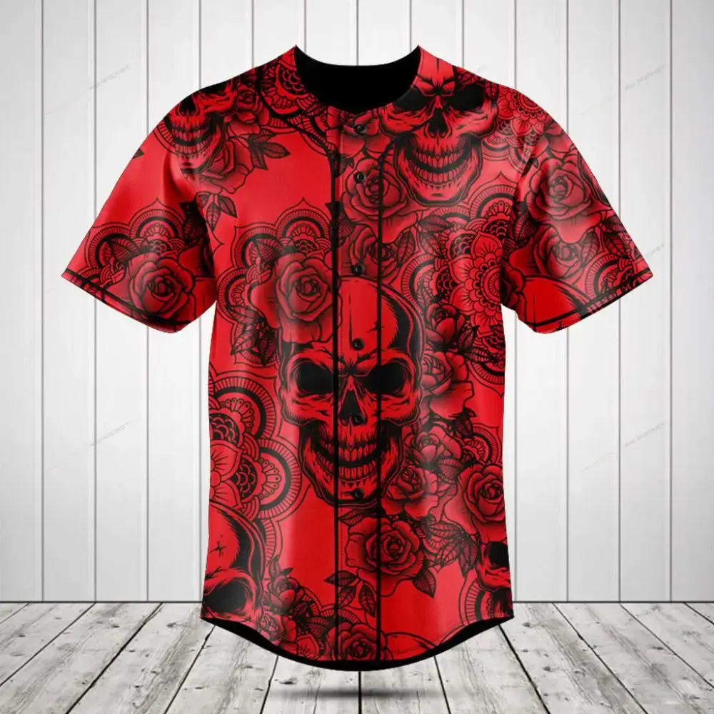 Men'S Red Skull & Roses Graphic Baseball Jersey - Bold & Stylish Casual Wear Image