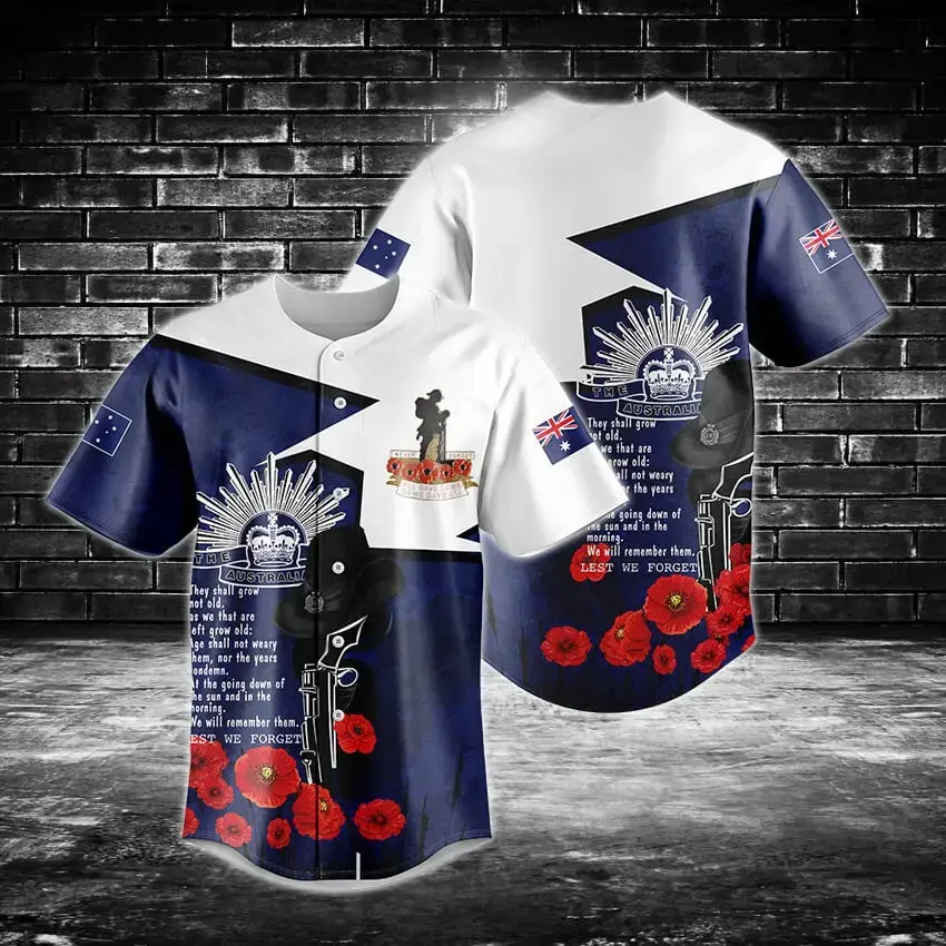 Men'S Remembrance Day Baseball Jersey Shirt - Lest We Forget Design With Poppies & Flags Image