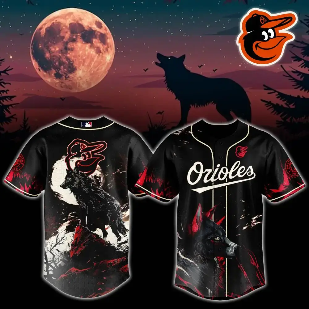 Men'S Wolf Howl Orioles Baseball Jersey - Unique Full Moon Design - Perfect Gift! Image