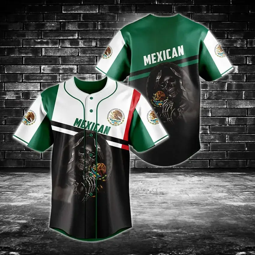 Mexican Flag Baseball Jersey - Stylish Grim Reaper Design, Perfect Gift! Image