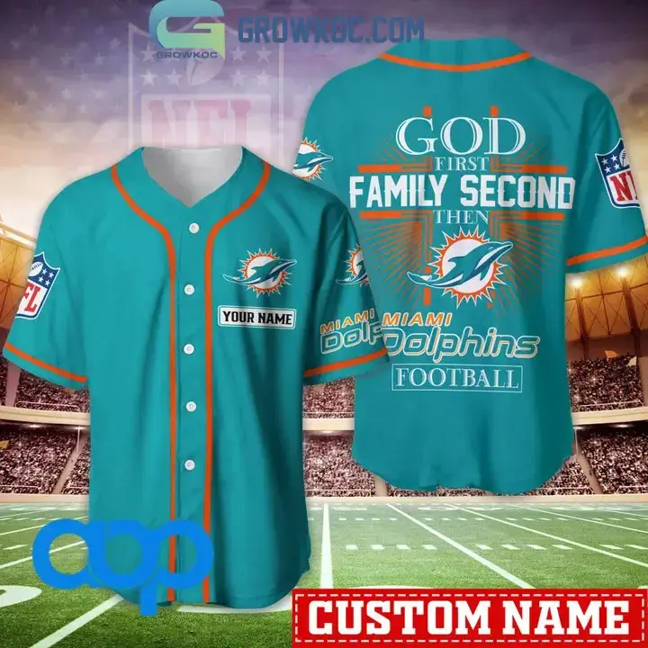 Miami Dolphins NFL Personalized God First Family Second Baseball Jersey Image