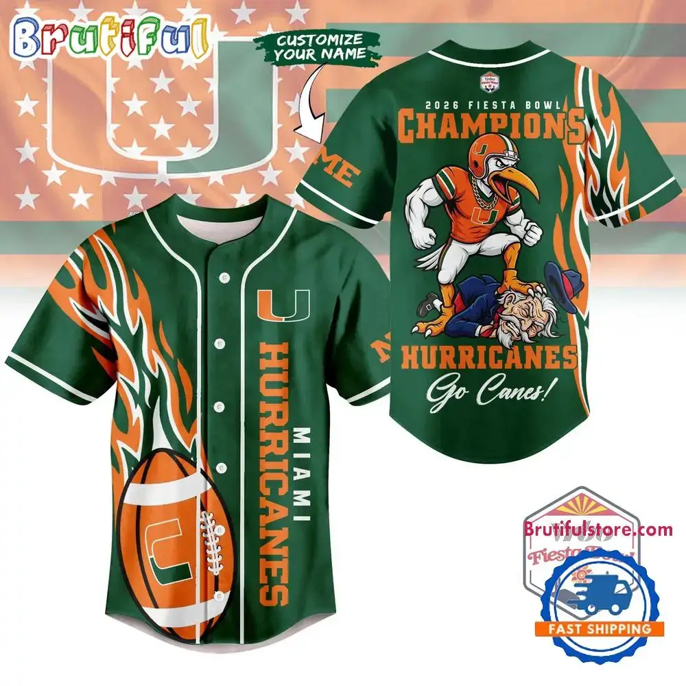 Miami Hurricanes 2026 NCAA Fiesta Bowl Champions Baseball Jersey Image