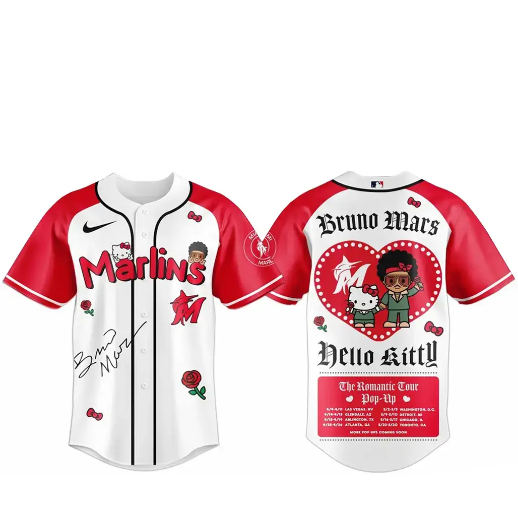 Miami Marlins Bruno Mars x Hello Kitty 2026 The Romantic Tour Baseball Jersey Image