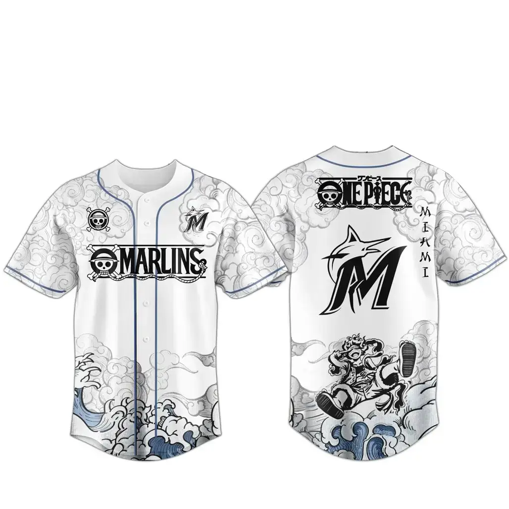 Miami Marlins x One Piece 2026 Luffy The Gear 5 Baseball Jersey Image