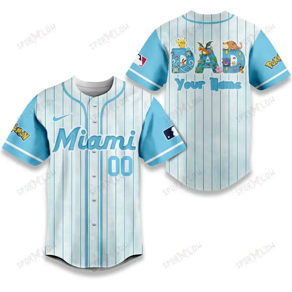 Miami Marlins X Pokemon Dad Pastel Blue Baseball Jersey Image