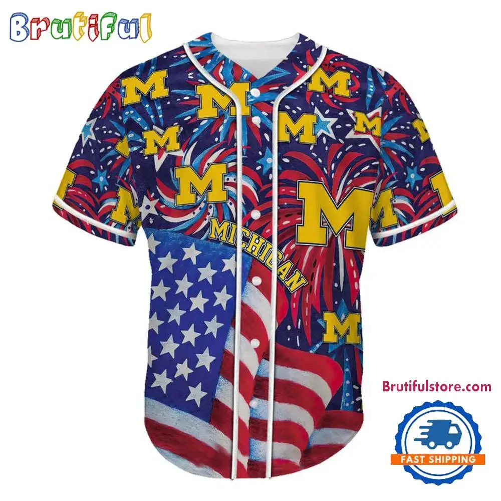 Michigan Wolverines USA Flag Independence Day Baseball Jersey, Sport Team 4th of July Jersey Image