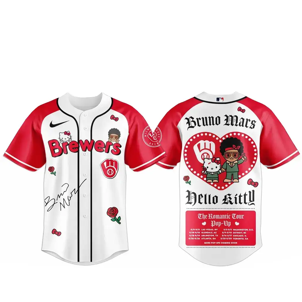 Milwaukee Brewers Bruno Mars x Hello Kitty 2026 The Romantic Tour Baseball Jersey Image