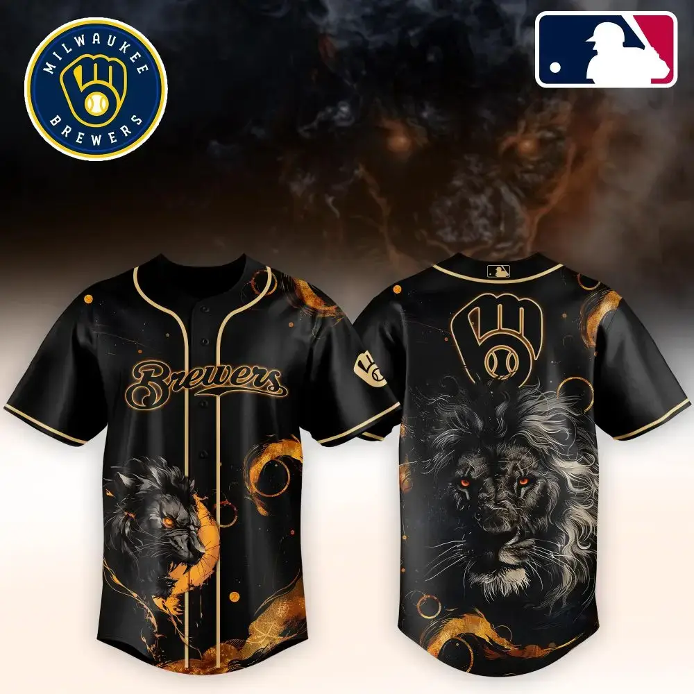 Milwaukee Brewers Lion Graphic Baseball Jersey - Bold Black & Gold Design For Fans Image